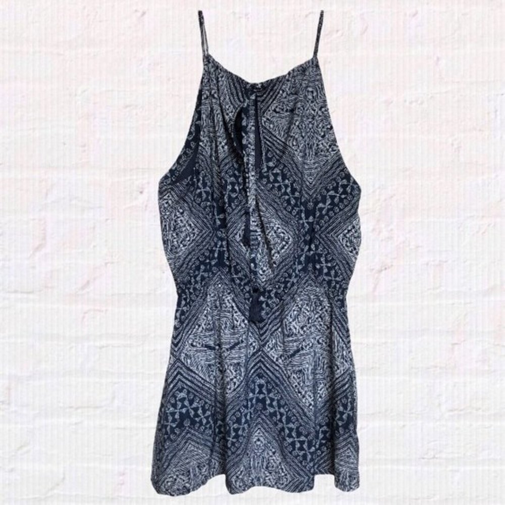 Athleta Island Life Dress Navy Blue White Size Medium Tassels Halter Sundress